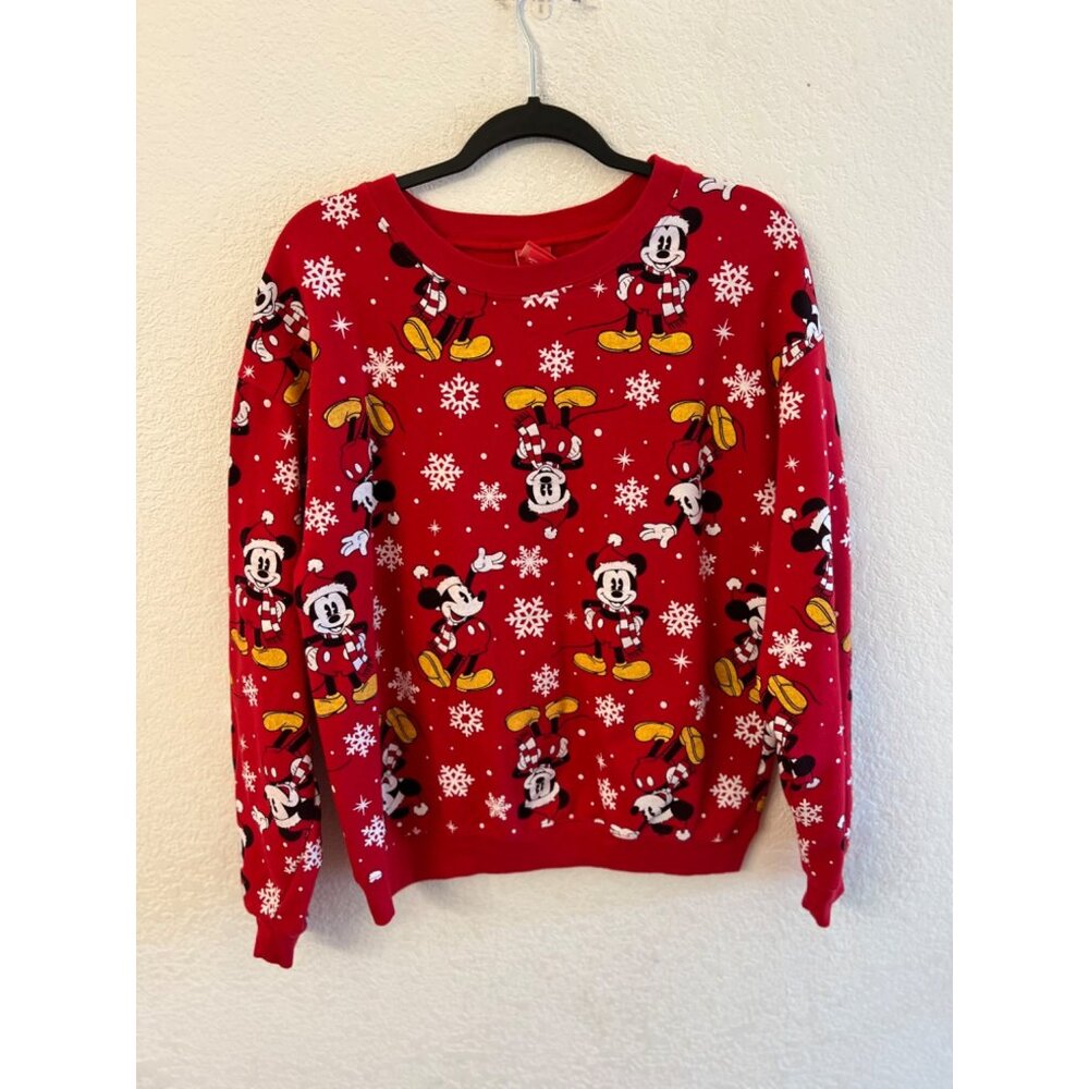 Disney Mickey Mouse Red Snowflake Sweatshirt L (11-13) Kids Christmas Pullover M
